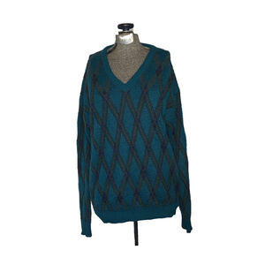 Men's Signor Angelo Sweater Size S Teal V-Neck Argyle